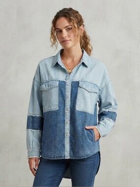 New POL Two-Tone Denim Shirt Jacket in Light Blue & Medium Blue